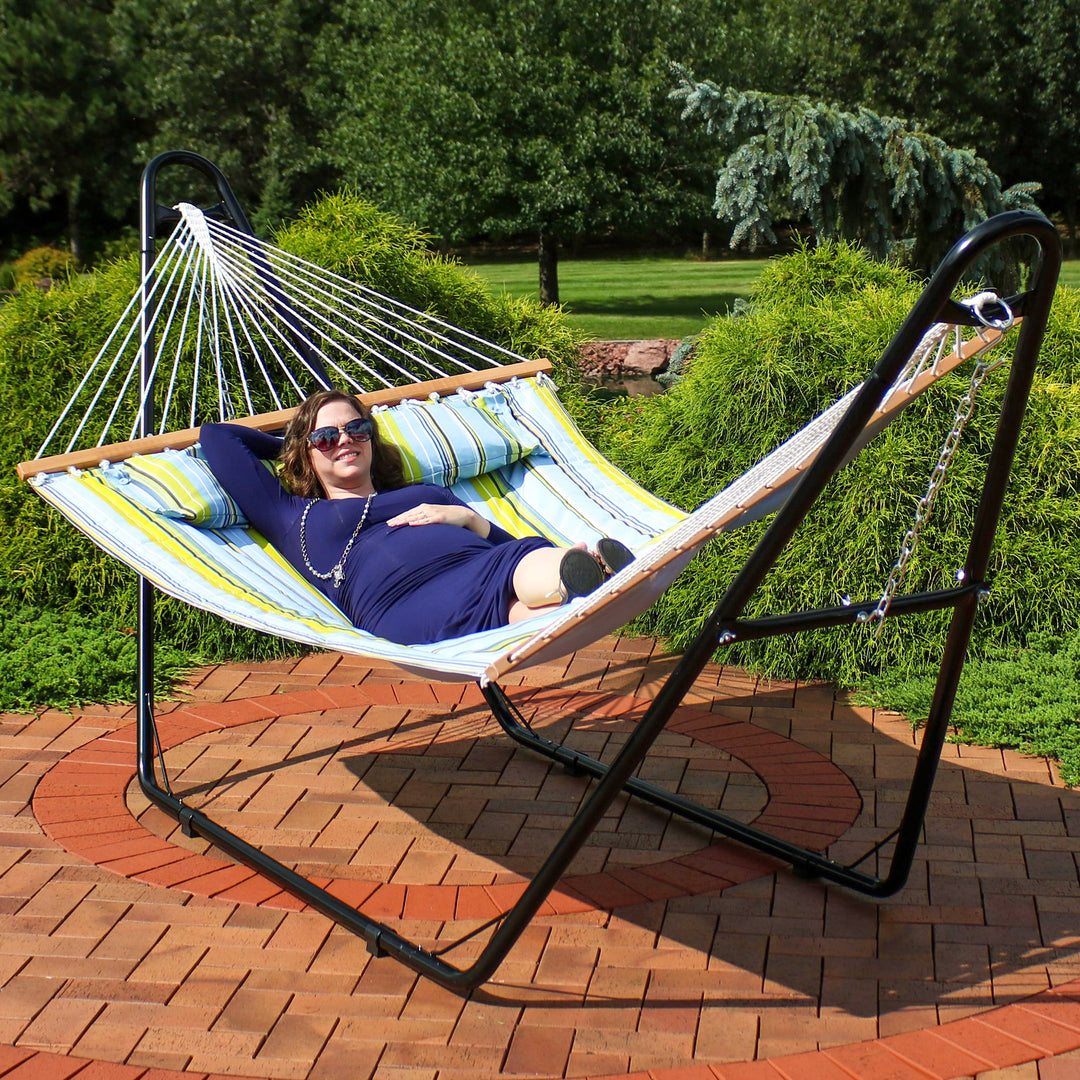 Sunnydaze Quilted Double Spreader Bar Hammock with Pillow, Polyester, 450 lb Capacity