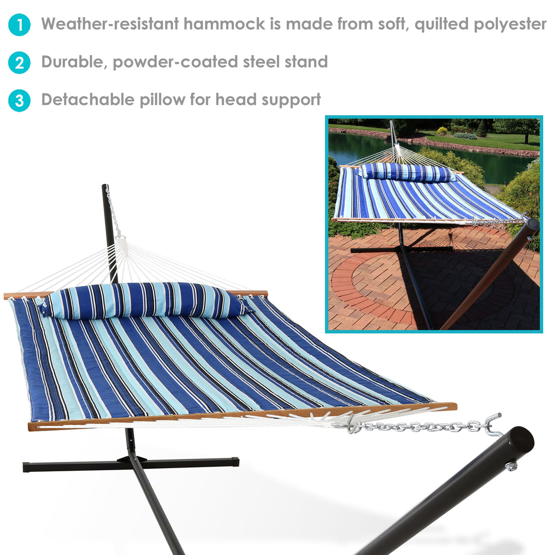 Sunnydaze Quilted Spreader Bar Hammock with Steel Stand, 2-Person, 350 lb Capacity