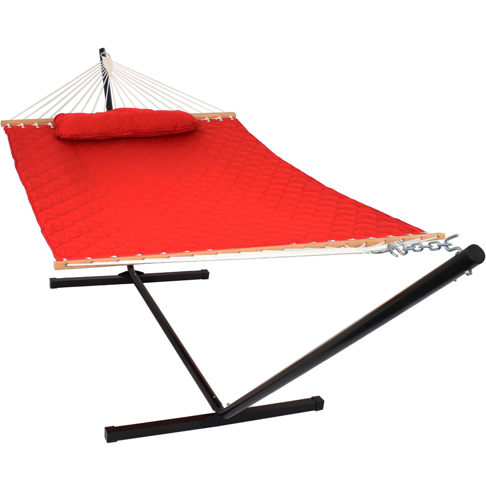 Quilted Fabric 2-Person Hammock with Pillow and Stand Red product