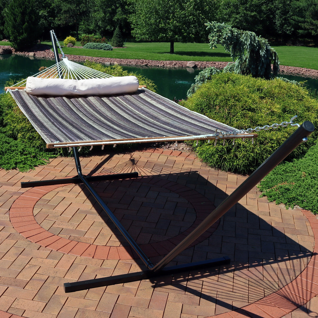 Sunnydaze Quilted Spreader Bar Hammock with Steel Stand, 2-Person, 350 lb Capacity