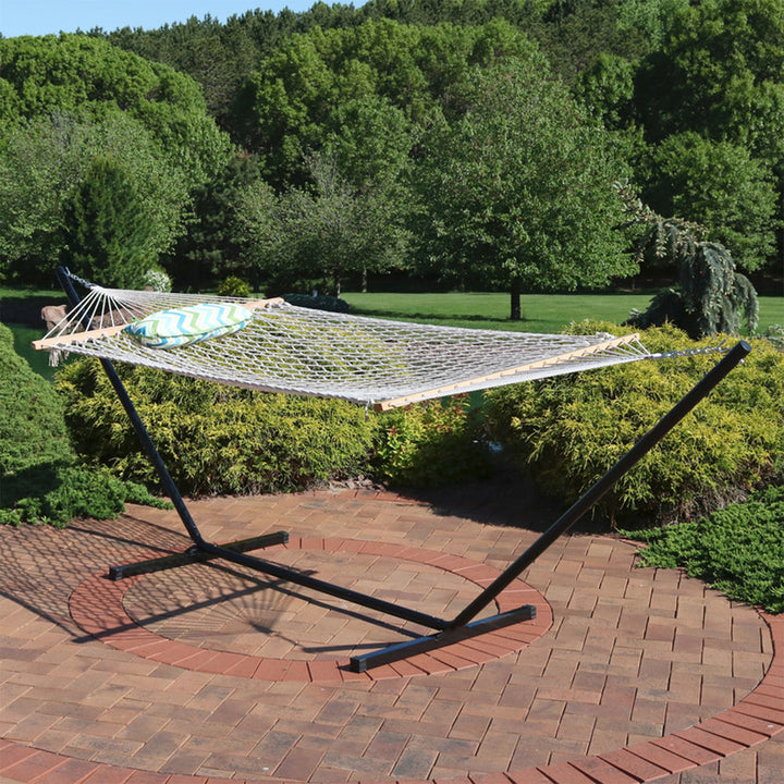 Rope Hammock 12ft Steel Stand Pad Pillow Blue Green Chevron detail